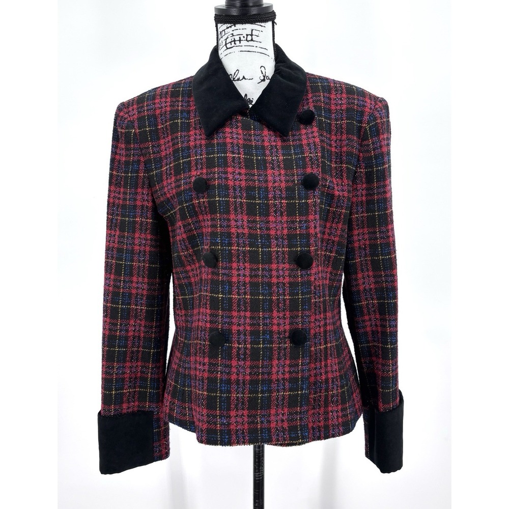 Jones Wear Plaid Wool Blend Blazer Women's Size 8 Velvet Collar Double Breasted